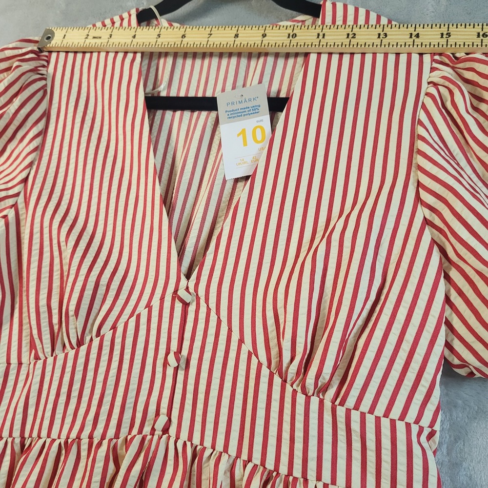 Primark Women Red Cream Striped V-Neck Puff Sleeve Maxi Dress Size 10 NEW - Picture 9 of 12